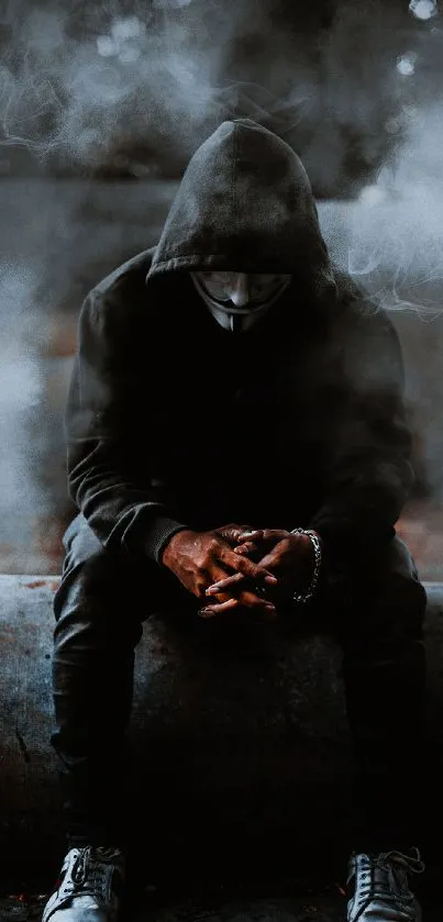 A mysterious figure in a hooded outfit surrounded by smoke, creating an enigmatic atmosphere.