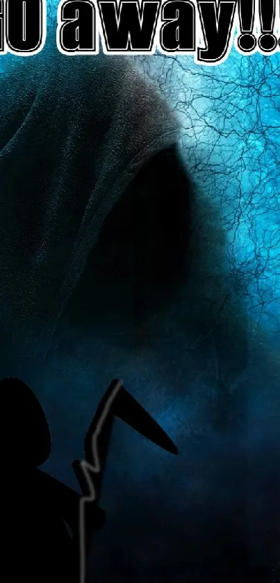 Dark hooded figure on blue background with 'GO away!!!' text.