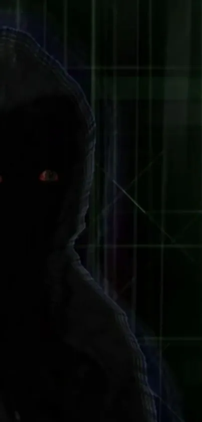 A hooded figure in shadows with a green digital grid background.