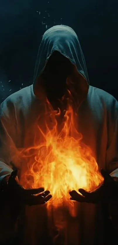 Hooded figure with fiery aura in dark setting