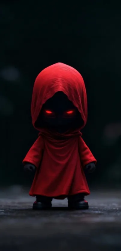 Hooded shadowy figure with glowing red eyes in dark setting.