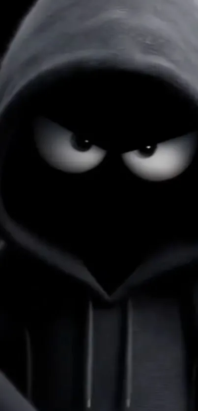 Dark hooded cartoon character with intense eyes.