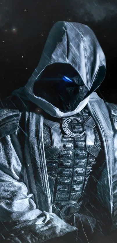 Hooded figure in armor with blue eyes, set against a dark night sky.