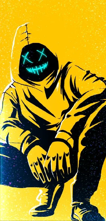 Illustration of hooded figure with neon mask on a yellow background.