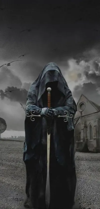 Mysterious hooded figure wallpaper with dark gray tones.