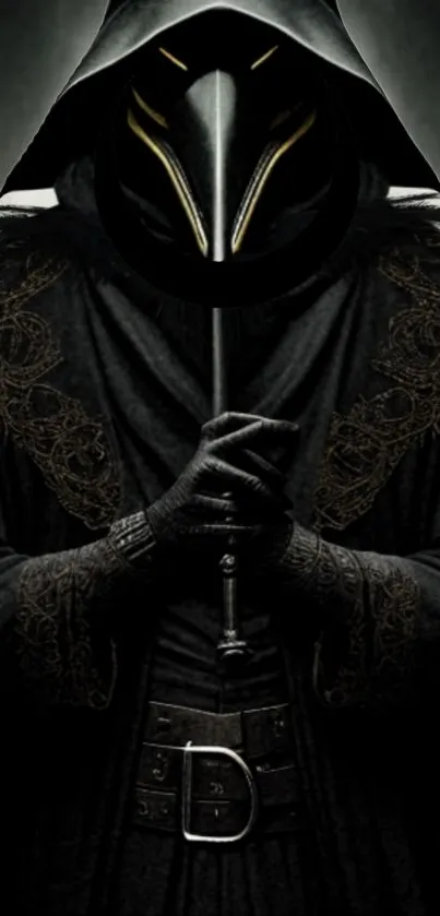 Hooded figure in dark cloak, exuding mystery and intrigue on mobile wallpaper.