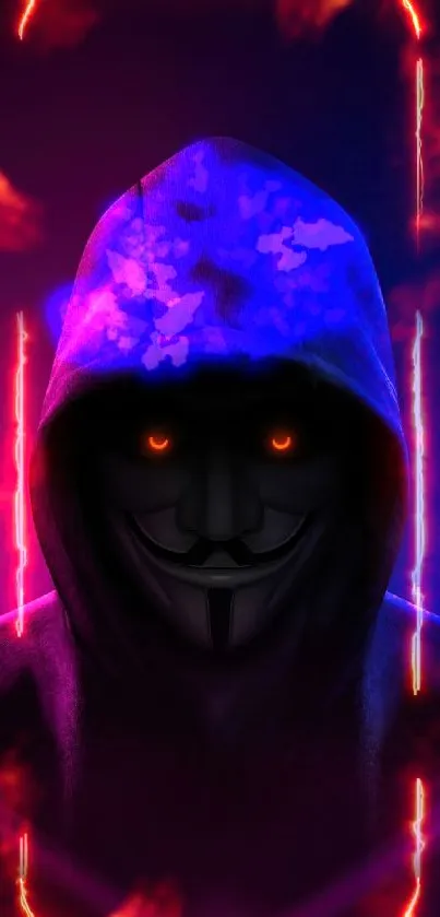 Mystical hooded figure with glowing eyes on a purple and blue background.