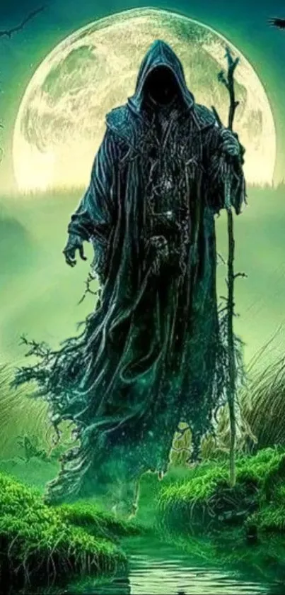 Enigmatic hooded figure with staff under full moon in a mysterious green glow.