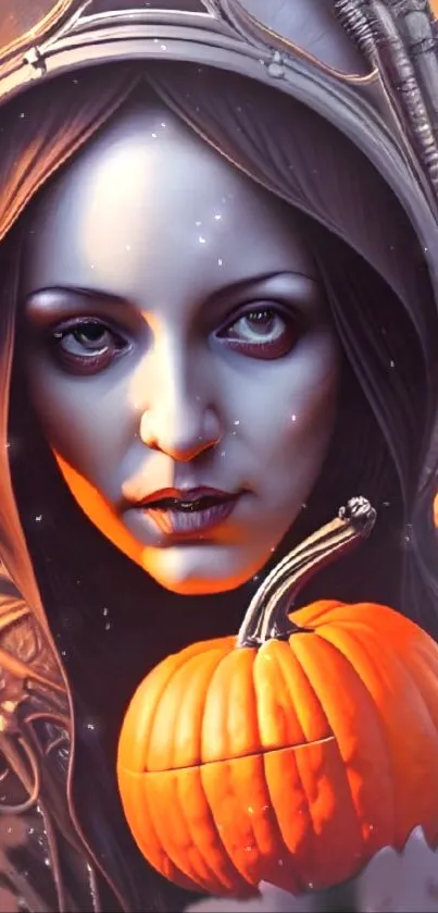 Hooded figure holds a pumpkin with a mysterious, fantasy style.