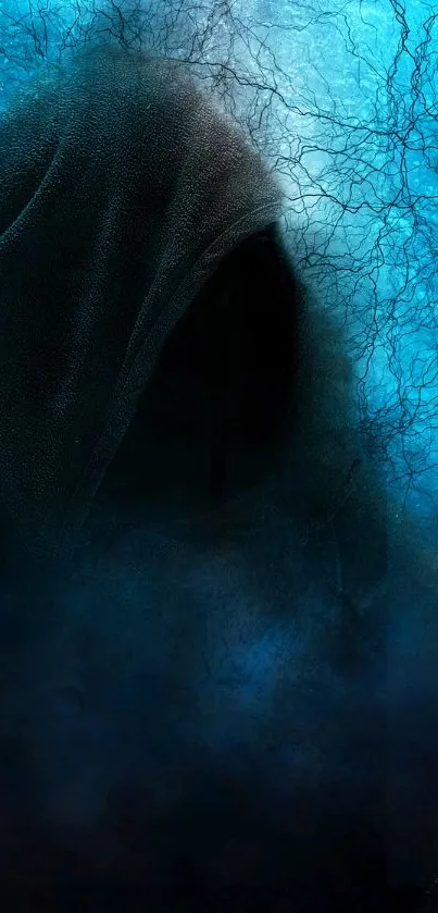 Mysterious hooded figure in teal mist and dark atmosphere.