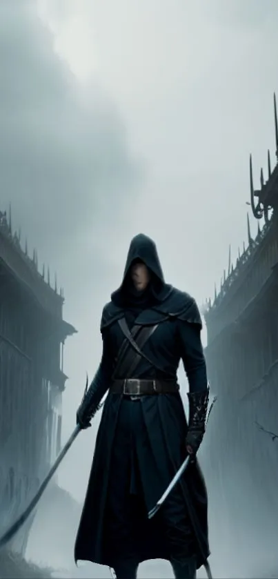 Hooded figure standing in a misty, dark alley with dramatic architectural elements.