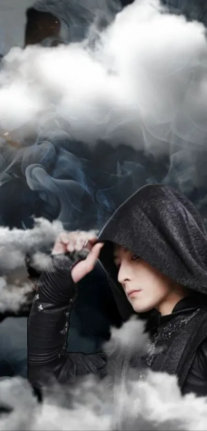 Hooded figure in dark clouds wallpaper.