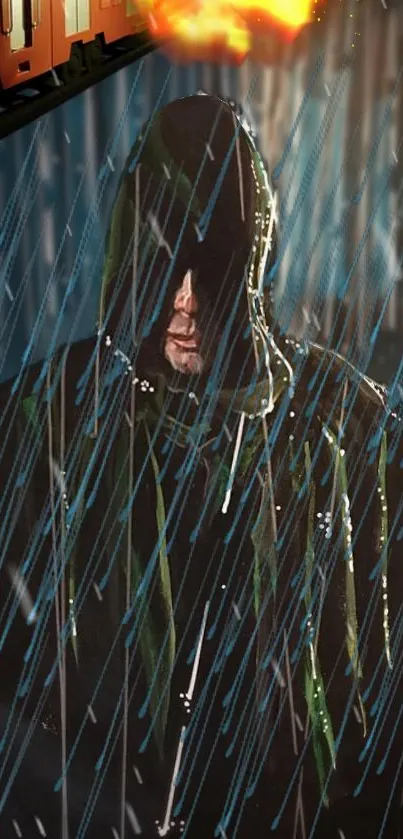 Hooded figure in rain with dramatic lighting.