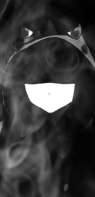 Black and white hooded face with smoke effects as mobile wallpaper.