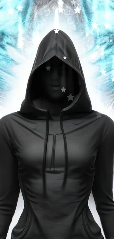 Hooded figure with a mystical and abstract background.