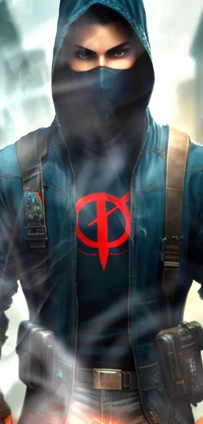 Hooded character with red symbol in urban setting.