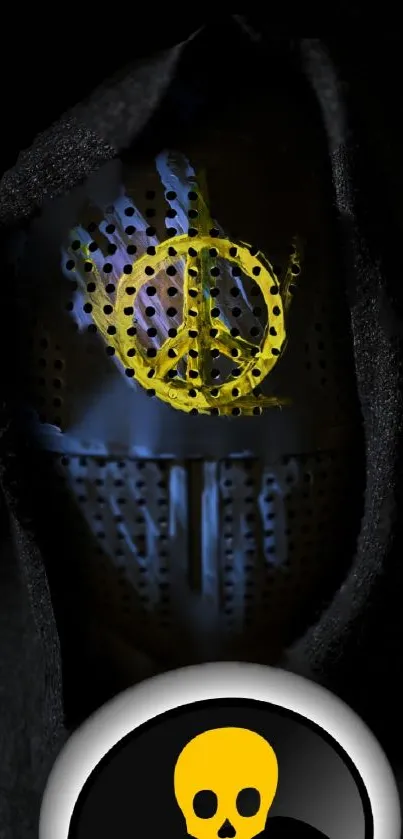 Hooded figure with perforated mask and yellow peace sign.