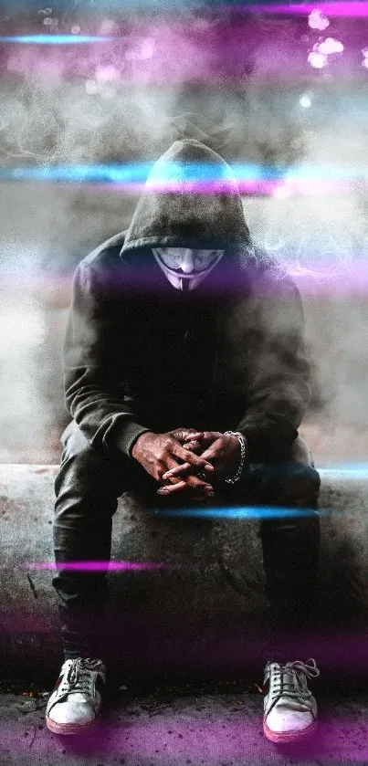 Hooded figure in mask with smoky background, mysterious atmosphere.