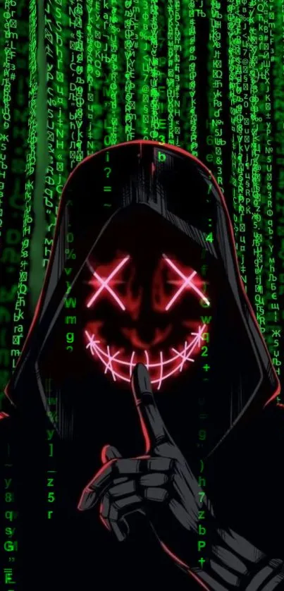 Hooded figure with neon smile amid green digital code.