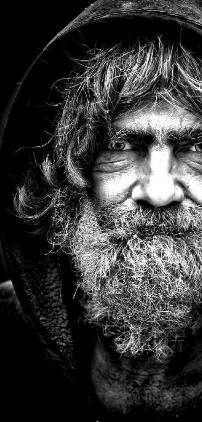 Black and white portrait of a hooded man with a strong, captivating gaze.