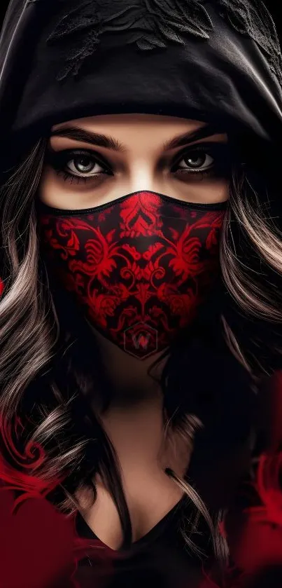 Mysterious woman with red patterned mask.