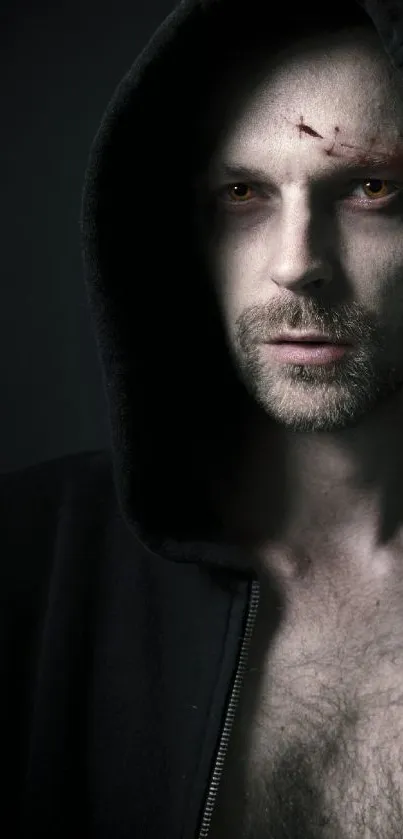 Mysterious hooded figure with intense gaze in dark lighting.