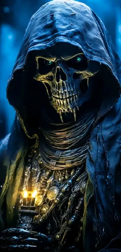 Hooded skeleton with glowing eyes in a dark blue artistic theme.