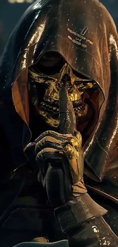 Hooded figure with golden skull, dramatic shadows.