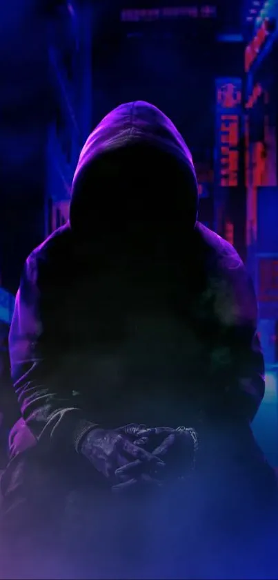 Mysterious hooded figure in urban night scene, vibrant city lights.