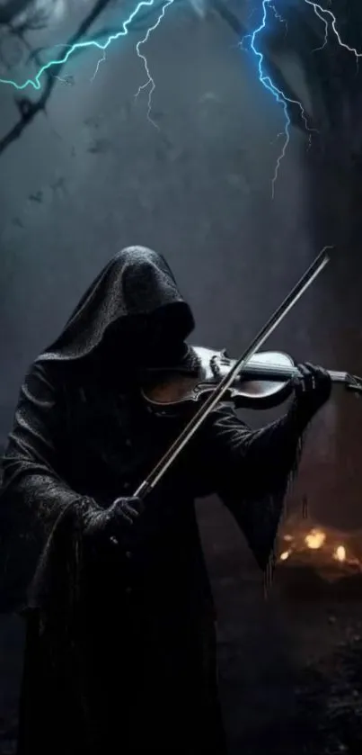 A hooded figure playing violin in dark, lightning-lit woods.