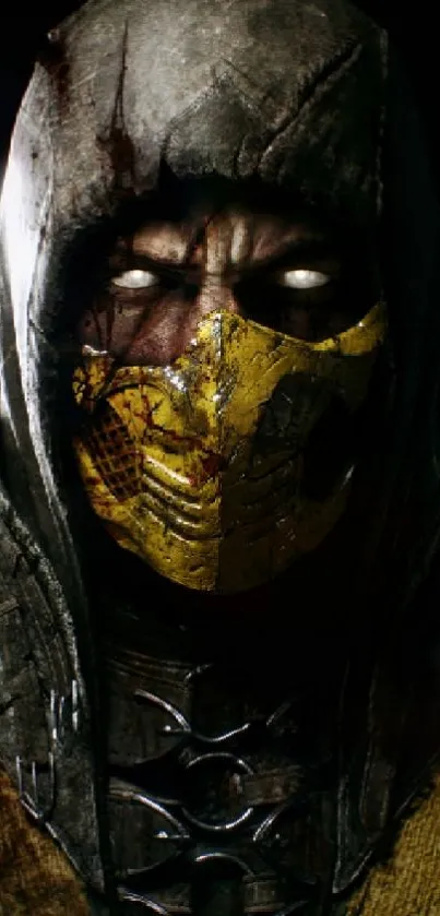 Hooded warrior with intense gaze and yellow mask.