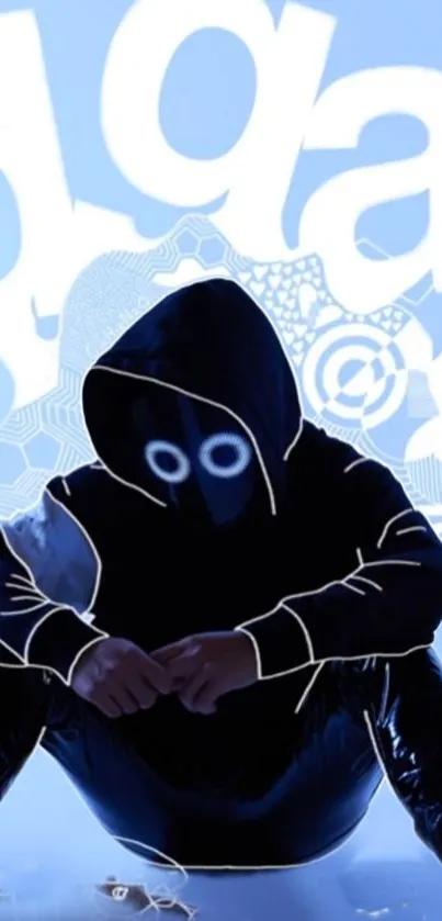 Hooded figure sits against blue background with abstract shapes.