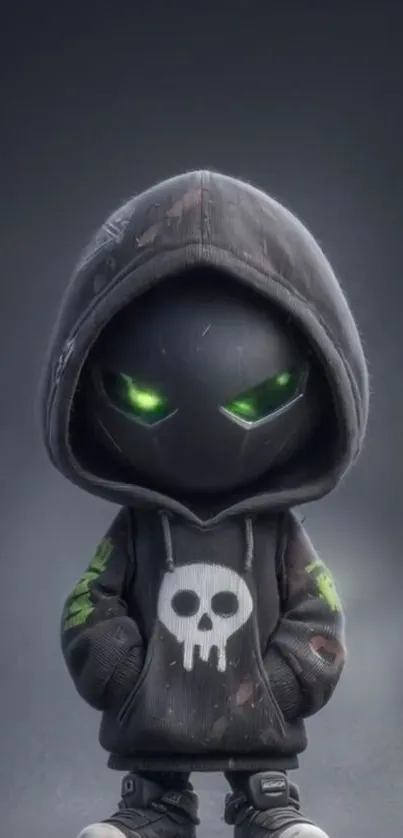 Mysterious hooded figure with glowing green eyes in dark setting.