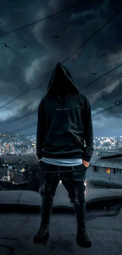 Hooded figure stands against a city skyline in moody, dark atmosphere.