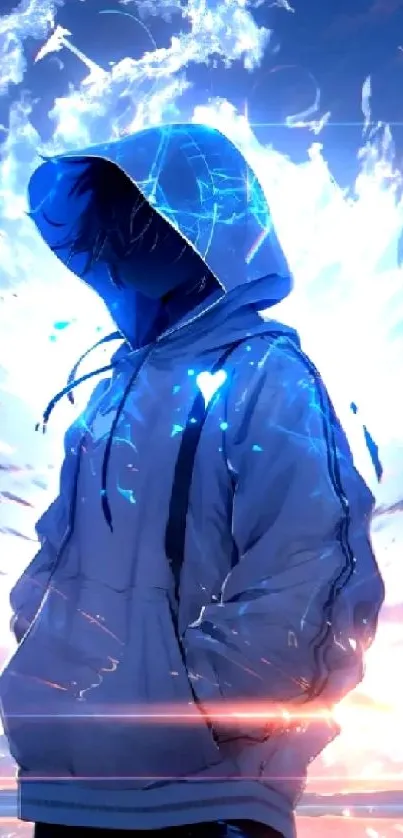 Mysterious hooded figure in blue anime style.