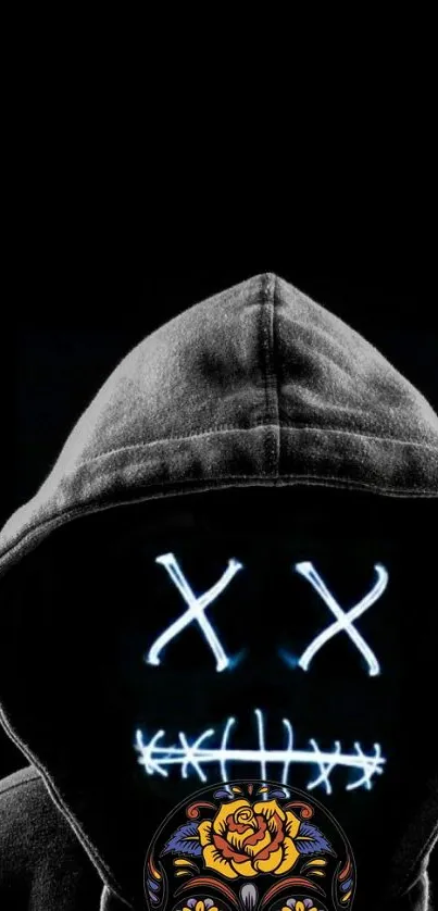 Mysterious hooded figure with glowing mask art wallpaper.