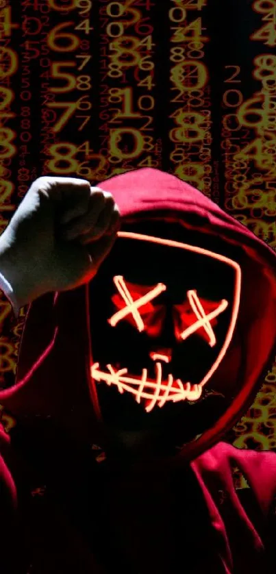 Enigmatic figure in glowing mask with red hoodie and digital number backdrop.