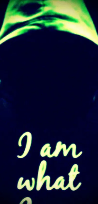 Mysterious hooded figure with text 'I am what I am' in dark green tones.