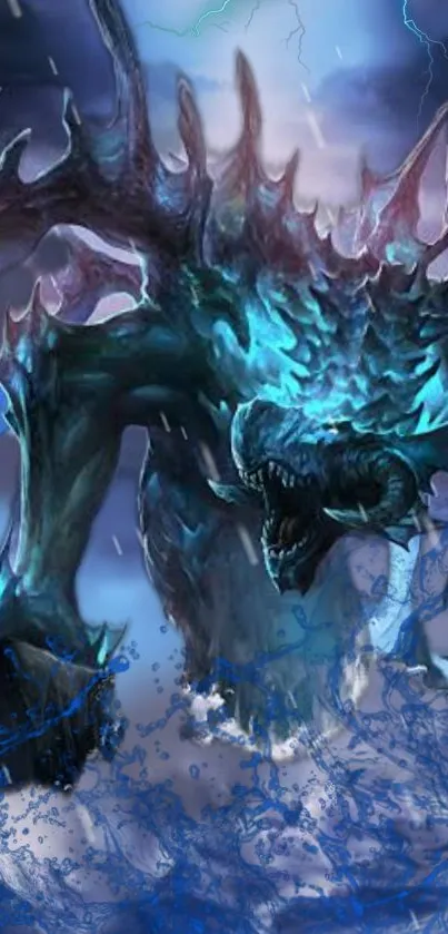 Ice dragon with blue hues in fantasy art wallpaper.