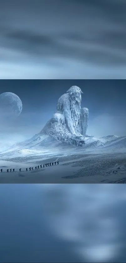 Surreal icy landscape with moon and large ice figure