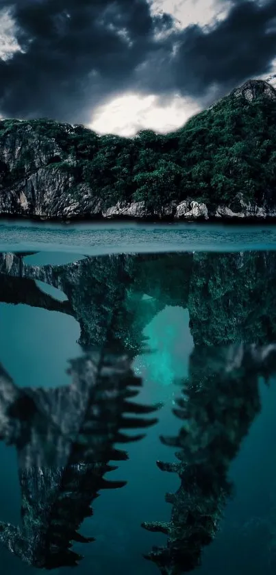 A mysterious island with a dragon skull reflected in water.