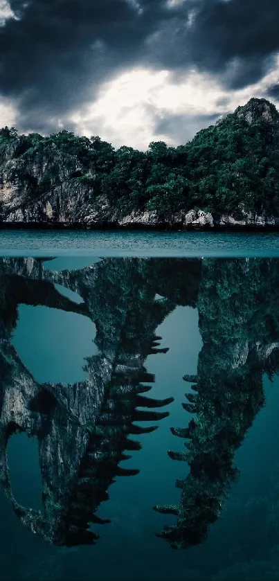 Mysterious island with dramatic reflection in dark sea.