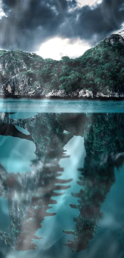 Mysterious island and skull reflection in tranquil teal water.