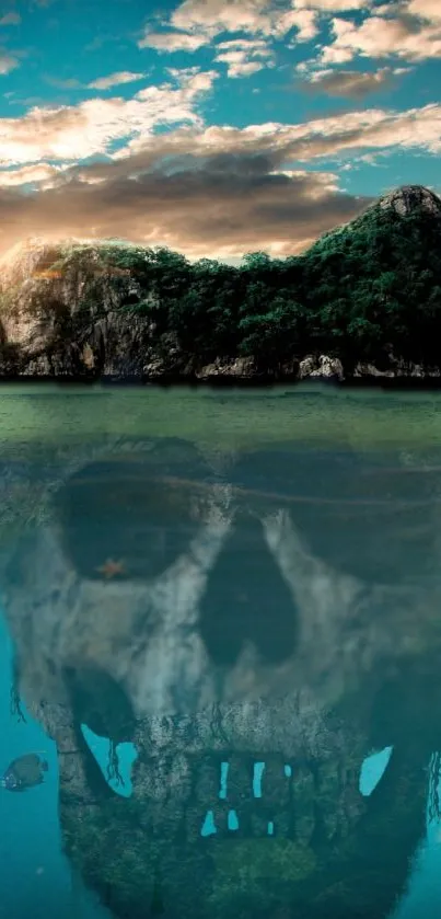 Surreal island landscape with skull reflection in ocean.