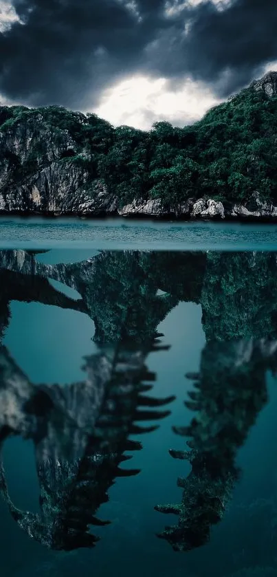 Mysterious island reflected in calm teal waters under a dark, stormy sky.