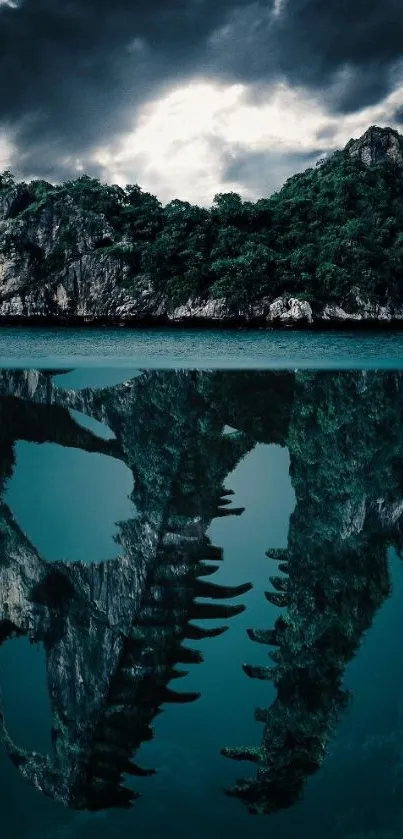 Mystical island with dinosaur skull reflection on water.