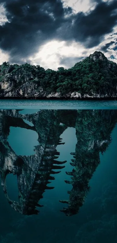 Mysterious island with dinosaur skull reflection in surreal teal waters.