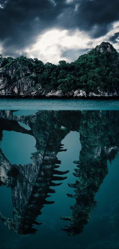 Island with dinosaur skull reflected beneath in teal waters.