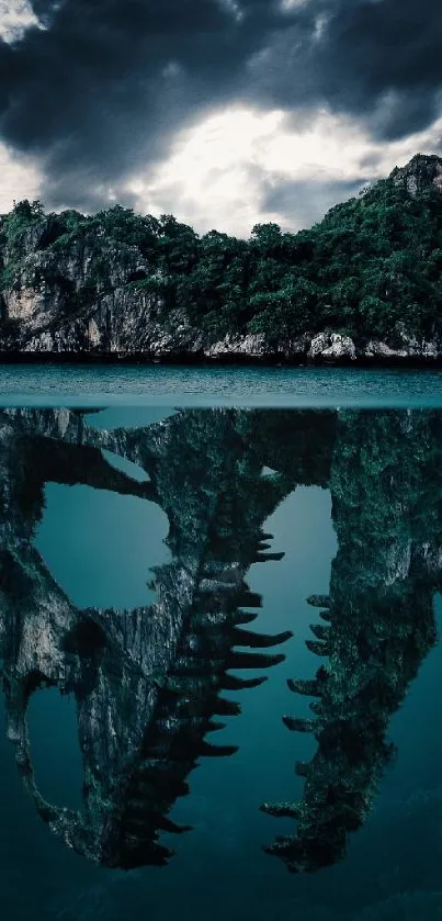 Island with dinosaur skull reflection in water.