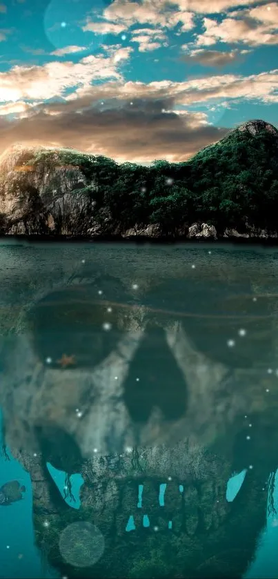 Mysterious island with skull reflection in ocean, creating an eerie yet beautiful scene.